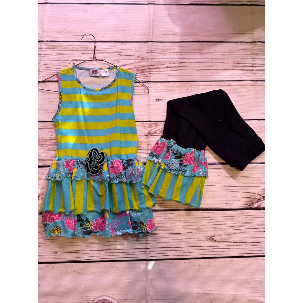 Ann Loren Girls 2 Piece Tunic Legging Set Blue Yellow Stripe Floral Size‎ 9/10